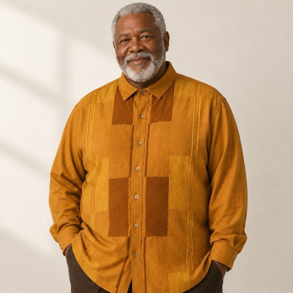 SilverSilk Mens 3XL Mustard Gold Button Up Shirt Retro Big Tall Grandpa Core